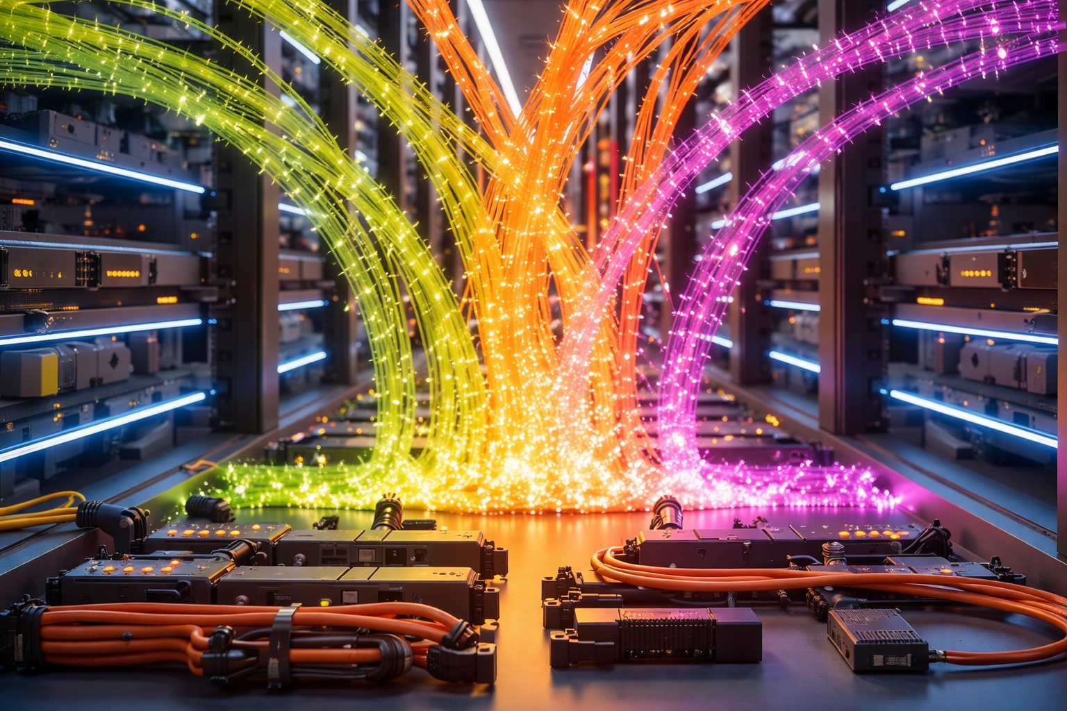 Modern data center with fiber optic equipment, server racks, and network infrastructure, showing professional technology environment